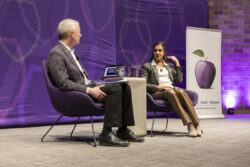Finding Forward, The Future of Smart, with President Vischer and Dr. Ulcca Joshi Hansen in the OEC Auditorium on February 05, 2026 in St. Paul. Two people seated on stage discussing.